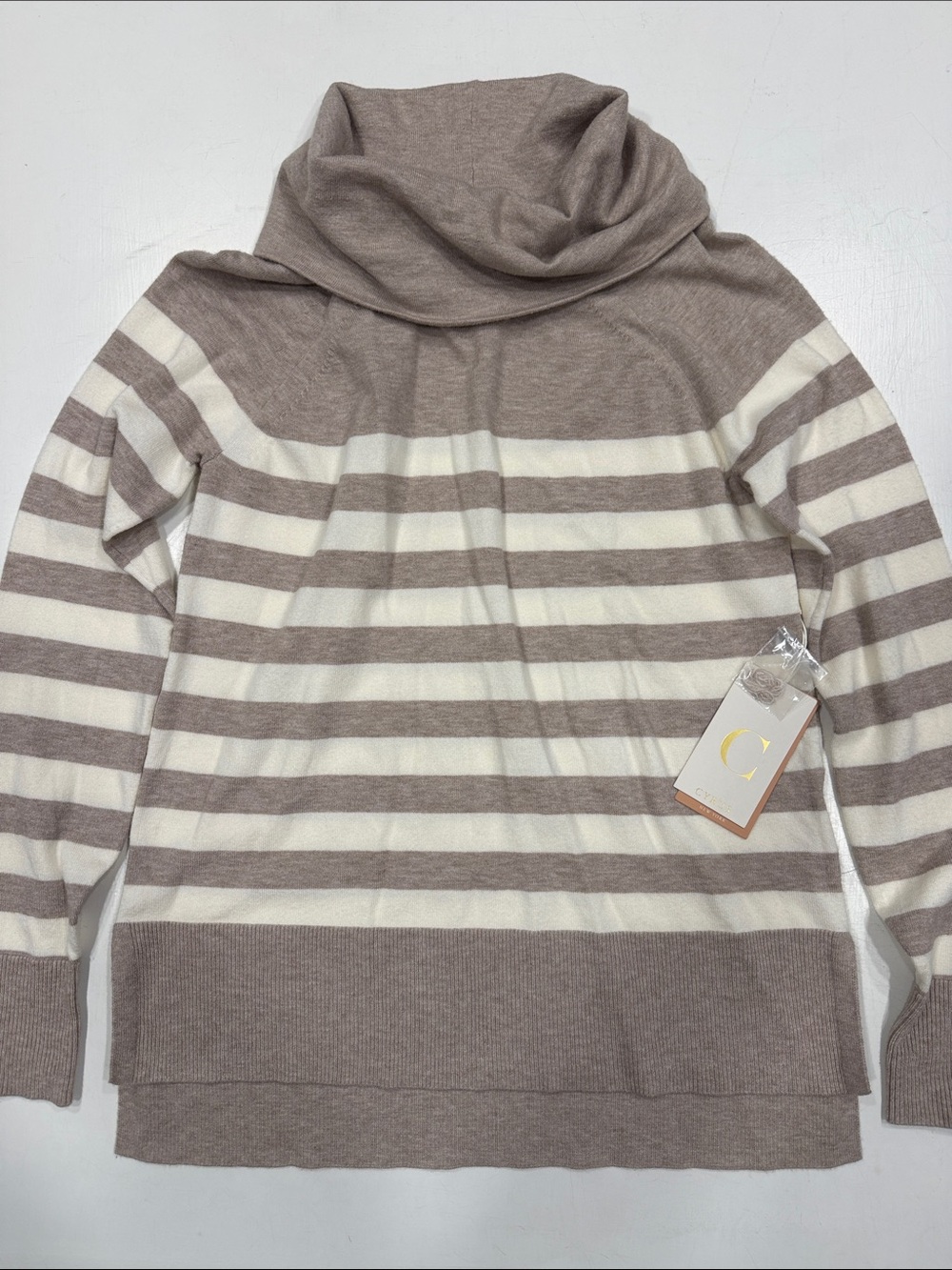 Cyrus Taupe and Cream Striped Turtleneck Sweater